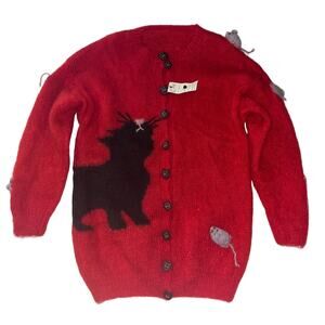 One of a Kind Hand Knit Sweater - Cat Mice - 3D - Red - One Size